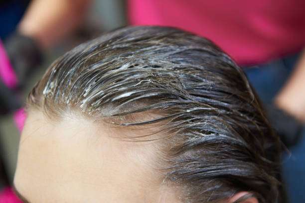 Female hair with applied bleach for hair dye.