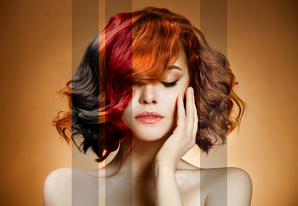 Woman showcasing various hair dye colors: black, red, orange, and brown.